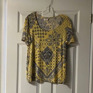 Chic Yellow and Blue Patterned Women's Short Sleeve Top